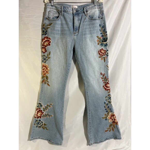 Free People Driftwood Farrah Jeans Woman's 32 Floral Embroidered Flare Boho